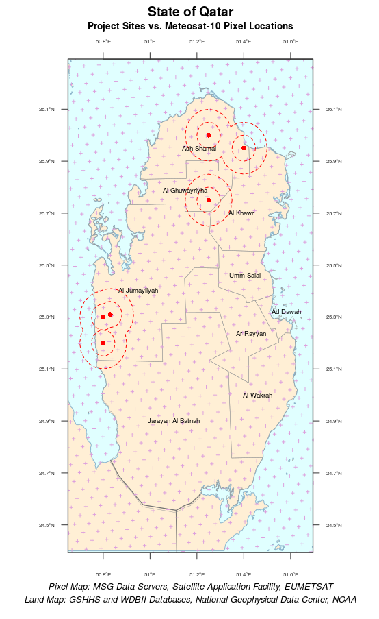 Base map of Qatar with SpatialPoints and buffer zones